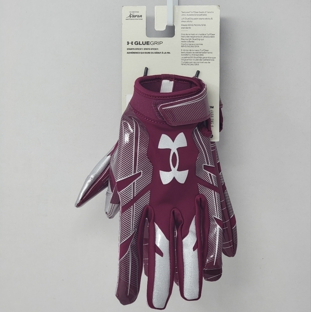 Under Armour Men's UA F8 Football Gloves 1368851-609 Maroon/Metallic Silver 2XL